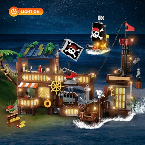 HOGOKIDS 3-in-1 Pirate House STEM Building Set with LED Light for Boy 6-12+