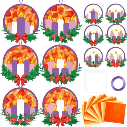 Qyeahkj 36 Set Christmas Advent Wreath Suncatchers Crafts for DIY Advent Candle Tissue Paper Craft Kit Hanging Decor for Xmas Holiday Home Activity Art Project Birthday Party Favor Gift - style: Christmas Advent Wreath