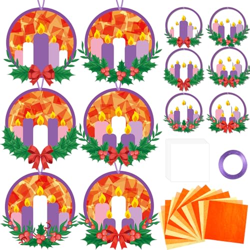 Qyeahkj 36 Set Christmas Advent Wreath Suncatchers Crafts for DIY Advent Candle Tissue Paper Craft Kit Hanging Decor for Xmas Holiday Home Activity Art Project Birthday Party Favor Gift - style: Christmas Advent Wreath