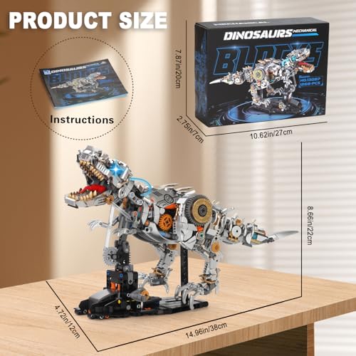 Mechanical Dinosaur Building Blocks Linkage Kit, Jurassic Animal Tyrannosaurus Rex Model with Lighting & Display Stand, STEM Toy DIY Desktop Ornament for Kids Ages 12+, Birthday Gift Idea - color: Dinosaur