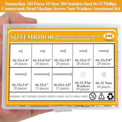 244 Pieces #6-32 x 1/4", 5/16", 3/8", 1/2", 5/8", 3/4", 1", 1-1/4", Phillips Countersunk Head Machine Screws Nuts Washers Assortment Kit - size: #6-32, style: Phillips Countersunk Head