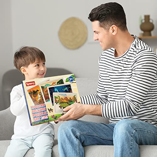 SYNARRY Large Dinosaur Wooden Puzzles for Kids Ages 4-6, 4-in-1 Gift Set - style: Dinosaur