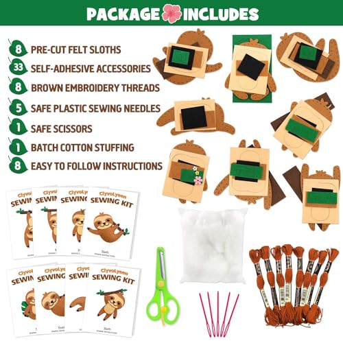 CiyvoLyeen Kids Sewing Kit Crafts – DIY Sloth & Jungle Animal Felt Crafts Sewing Set for Girls & Boys Ages 8–12 Learn to Sew 8 Cute Animal Projects - color: Sloth-8 Pcs