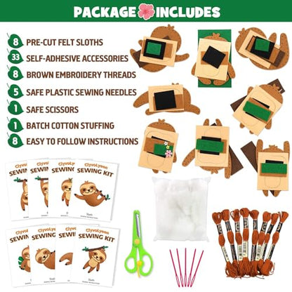 CiyvoLyeen Kids Sewing Kit Crafts – DIY Sloth & Jungle Animal Felt Crafts Sewing Set for Girls & Boys Ages 8–12 Learn to Sew 8 Cute Animal Projects - color: Sloth-8 Pcs
