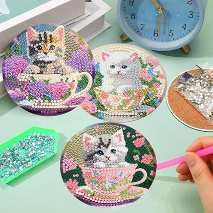 8 Pack Diamond Art Coasters Kits - Cute Cat Diamond Painting Coasters - color: Cute Cat