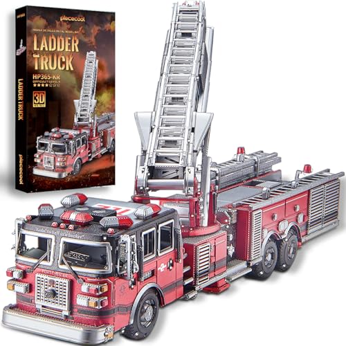 Piececool 3D Metal Puzzles for Adults, Ladder Truck Fire Engine Model Kits Building, Challenge to Assemble DIY Craft Kits, Best Birthday 354 Pcs - style: Ladder Truck