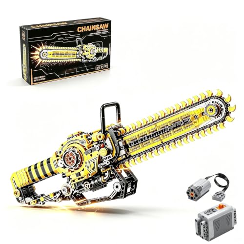 Mechanical Chainsaw Building Kit, 1096 Pcs Motorized Rotating Chain Model with 2-in-1 Manual & Electric Gear Drive, LED Lights, STEM Engineering Toy Gift for Adults Teens & Kids 8+