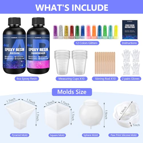 KISREL Epoxy Resin Kit 8OZ with Molds, 12 Glitter & Tools for Beginners - size: 8oz Resin Kit