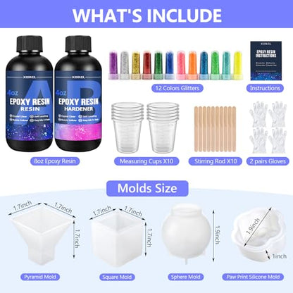 KISREL Epoxy Resin Kit 8OZ with Molds, 12 Glitter & Tools for Beginners - size: 8oz Resin Kit