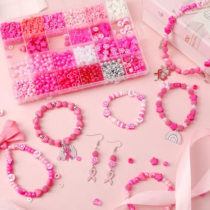 UPINS 2100Pcs Breast Cancer Awareness Beads Kit for Jewelry Making Bracelet - color: Pink