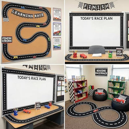 6 Pcs Christmas Race Party Decorations 39"x4" Racetrack Felt Roadway Mat for Cars with Double-Sided Tape, Christmas Village Road for Wall Floor Decoration, Car Themed Birthday Decor - style: Curved
