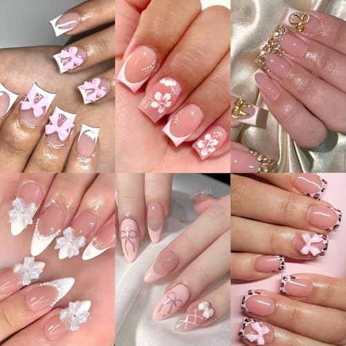 6 Packs (144 Pcs) | Reusable Press on Nails | Stick on Nails 12 Sizes-6 Styles | Cute Bow Nails - color: Cute Bow Nails