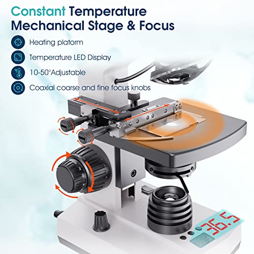Lab Compound Monocular Microscopes with Constant Temperature,Dual-View Microscope for Adults Students with 40X-2500X Magnification, WF10X/25X Eyepiece, 7'' LCD Screen, Built in 5MP Camera