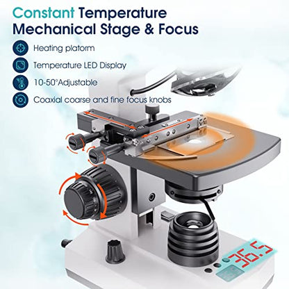 Lab Compound Monocular Microscopes with Constant Temperature,Dual-View Microscope for Adults Students with 40X-2500X Magnification, WF10X/25X Eyepiece, 7'' LCD Screen, Built in 5MP Camera