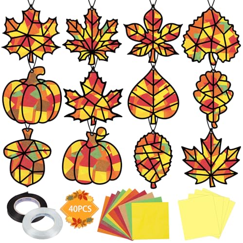 Renbuzhu 40PCS Fall Crafts Bulk: Leaves Pumpkins Paper Suncatchers DIY Kit for Autumn Thanksgiving Activities Decorations, Window Stained Glass Effect Art Supplies(Black Frame) - style: fall