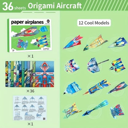 Paper Airplane Origami Kit, 12 Paper Airplane Designs with 36 Colorful Origami Papers, Folding Airplane Creative Origami Kit