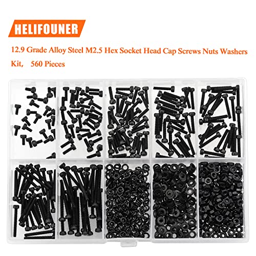 HELIFOUNER 560 Pieces M2.5 x 4mm /6mm /8mm /10mm /12mm /16mm /20mm, Hex Socket Head Cap Screws Bolts Washers Nuts Kit, 12.9 Grade Alloy Steel, Full Threaded, Black - size: M2.5, style: Socket Head