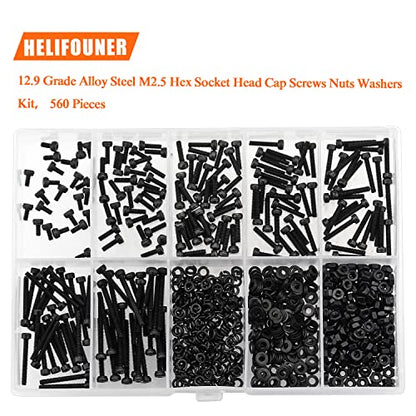 HELIFOUNER 560 Pieces M2.5 x 4mm /6mm /8mm /10mm /12mm /16mm /20mm, Hex Socket Head Cap Screws Bolts Washers Nuts Kit, 12.9 Grade Alloy Steel, Full Threaded, Black - size: M2.5, style: Socket Head