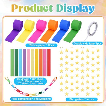 700 Sheet Rainbow Paper Chain Strips and 52 ft Gold Star Garland Set - color: Rainbow-700pc
