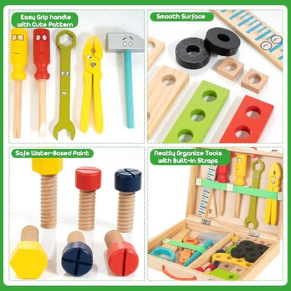 Wooden Kids Tool Kit, Montessori Toddler Tool Set Toys for Boys Girls 3+
