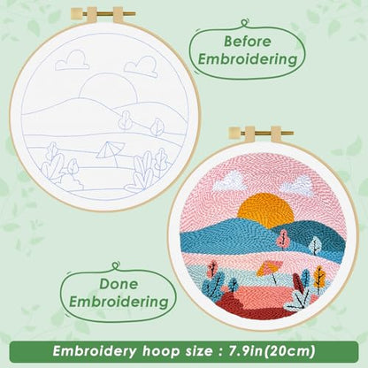 ERKOON Punch Needle Kit Adults Beginners, DIY Easy Landscapes Embroidery Set for Starter Art Craft, Needling Punch Project with Patterns, Tools, Yarns, Hoop, Instruction (Summer) - color: Summer