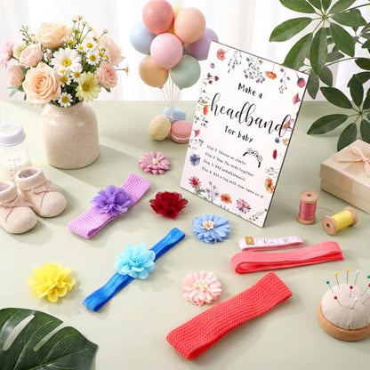 Geosar Baby Shower Games DIY Headband Making Kit Include Wooden Game Sign Elastic Cute Flowers Hairbands Round Fabrics and Tape Makes 30 Headbands for Baby Shower Guest Games(Wildflower) - style: Wildflower