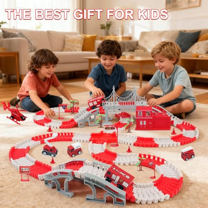 GIAT Race Car Track Toy for Kids - Birthday Gift for Boys Ages 3 4 5 6 7 Year Old, Flexible DIY Playset with Helicopter and Fire Truck, 330+ PCS Interactive Set - color: Red Fire Station Race Tracks Set