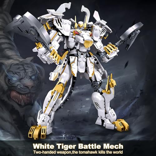 HIGH GODO Mech Robot Building Blocks Set for Adults, Flexible Cool White Tiger Warrior Model Kit with Two-Handed Axes Weapon Toy Playset, 679 Pieces Creative Mythical Ninja Gifts for Man Teens 14+ - color: White-1