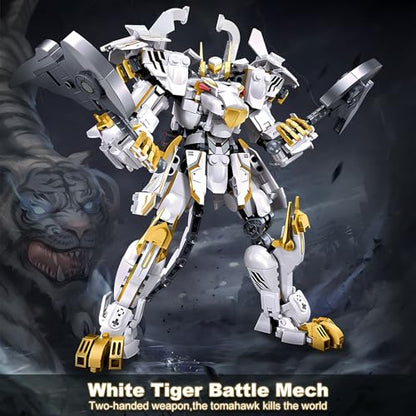 HIGH GODO Mech Robot Building Blocks Set for Adults, Flexible Cool White Tiger Warrior Model Kit with Two-Handed Axes Weapon Toy Playset, 679 Pieces Creative Mythical Ninja Gifts for Man Teens 14+ - color: White-1