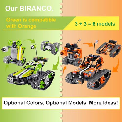 BIRANCO. Remote Control Tracked 3in1 Stunt Racer Building Kit - RC Car STEM Construction Toy, Gift Idea for Kids, Boys and Girls Ages 8-12 Year Old (353 Pcs) - color: Green