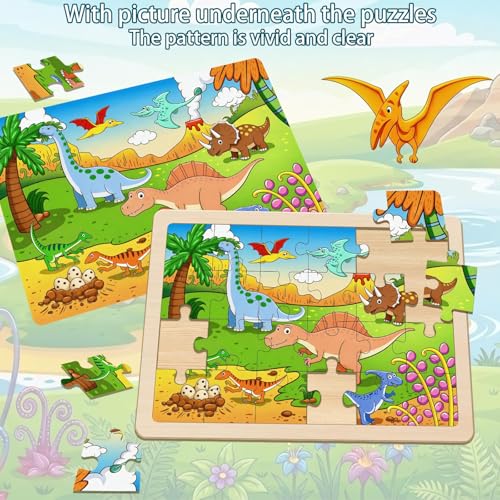 Wooden Puzzles Dinosaur Toys for Kids Ages 4-6, 4 Packs 24 Piece - color: Dinosaur