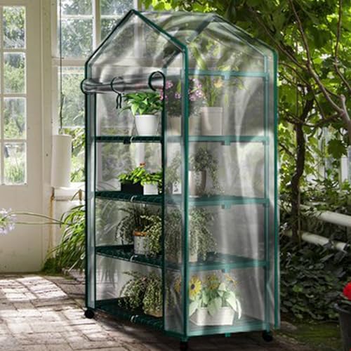 4 Tier Mini Greenhouse - Portable Greenhouse with Locking Wheels and PVC Cover for Indoor or Outdoor Green House by Pure Garden - size: 4 Tier