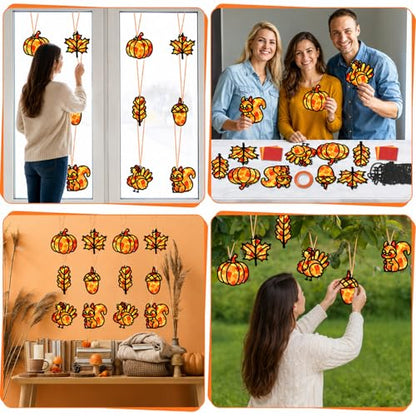 Qyeahkj 36 Set Fall Suncatchers Crafts for DIY Autumn Leaf Pumpkin Acorn Squirrel Window Tissue Paper Craft Kit Hanging Decor for Home Activity Art Project Birthday Party Favor Gift - style: Autumn