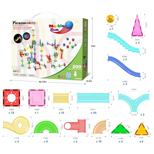 PicassoTiles 200 PCS Picasso Tiles Marble Run LED Race Track Set Ages 3+ - color: Marble Run 200 Pcs
