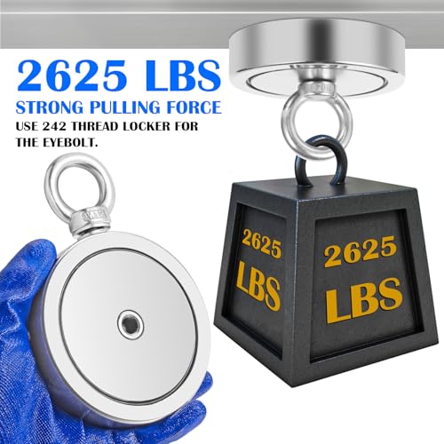 VNDUEEY 2625LBS Magnet Fishing Kit, 4.57" Double Hole Fishing Magnet Kit with Rope, Strong Magnets for Retrieving in River Lake Beach and Lawn, Includes 65Ft Rope, Carabiner, Gloves, Grappling Hook - size: 4.57" 2625LBS, style: Double Hole Kit