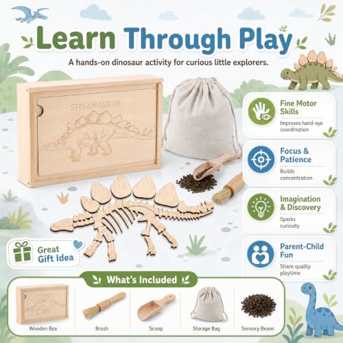 Dino Excavation Archaeology Dig Kit, Fossil Digging Kit for Kids, Dinosaur Skeletons Bones Puzzle Game with Wooden Storage Box, STEM Toys for Boys and Girls (Stegosaurus) - color: Stegosaurus
