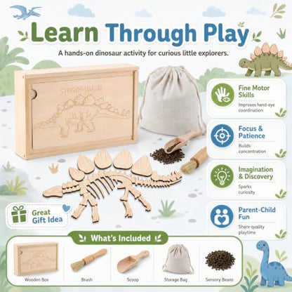 Dino Excavation Archaeology Dig Kit, Fossil Digging Kit for Kids, Dinosaur Skeletons Bones Puzzle Game with Wooden Storage Box, STEM Toys for Boys and Girls (Stegosaurus) - color: Stegosaurus