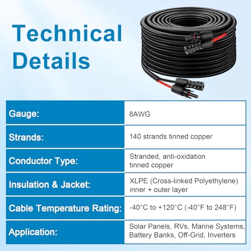 XRDS -RF Solar Cable 100FT, 8AWG Solar Extension Cable with Male & Female Solar Connectors, Flame-Retardant Protective Sleeving Solar Panel Cable, Weatherproof PV Wire for Solar Panel Connection - size: 8AWG 100FT
