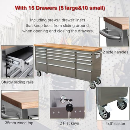 72-inch Stainless Steel Rolling Tool Chest with 15 Drawers, Mobile Workbench, Assembled Large Tool Box Lockable Storage Cabinet with Wheels for Garage Workshop (72'' w/15 Drawers) - size: 72'' w/15 drawers - Stainless Steel