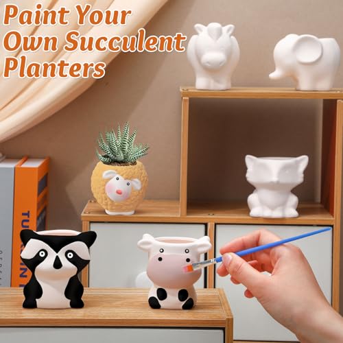 Beeveer 6 Sets Paint Your Own Animal Shaped Succulent Planter Spring Mini Unpainted Flower Pots Cartoon DIY Paintable Kit for Kids Classroom Craft Project Activity Birthday Gift - style: Cute Animal