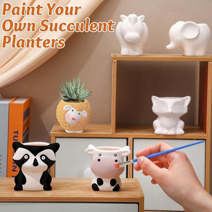 Beeveer 6 Sets Paint Your Own Animal Shaped Succulent Planter Spring Mini Unpainted Flower Pots Cartoon DIY Paintable Kit for Kids Classroom Craft Project Activity Birthday Gift - style: Cute Animal