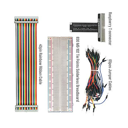 for Raspberry Pi GPIO Breakout, T-Type GPIO Expansion Board+830 Points Solderless Breadboard+65pcs Jumper Cables+40pin Rainbow Ribbon Cable