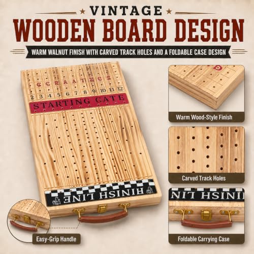 Horse Race Board Game Foldable Solid Wood Horse Racing Game - color: Large Folding Box-light Burnt