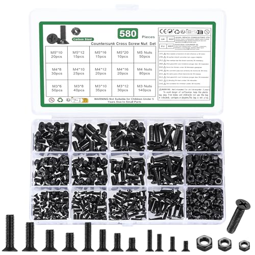 580 Pcs M3 M4 M5 Machine Countersunk Screws Assortment Kit,Hex Screws - size: M3 M4 M5 - 580