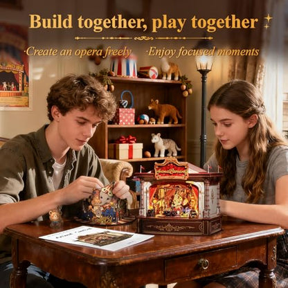 CUTEBEE 3D Wooden Puzzles Music Box - DIY Theater Model Kit with LED Light, 413 Pcs Rotating Miniature House Kit for Adults, Home Bookshelf Decor, Birthday Valentines Day Gifts (Animal Carnival)
