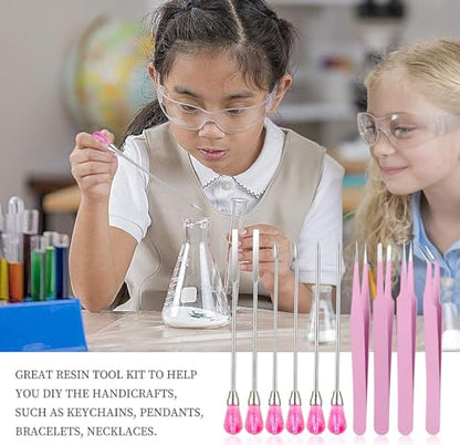 11 Pcs Silicone Resin Mold Tools Set Stirring Needle Spoon Tool Tweezers Precision Kit, Anti-Static Electronics Tweezers Set for Resin Art Crafts,Jewelry Making,DIY Epoxy Casting Molds-Rose Red & Pink - color: Pink