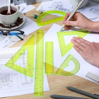 Tenare 6 Pcs Math Geometry Ruler Straight Protractor Triangle, Yellow - color: Yellow