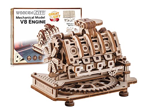 WOODEN.CITY V8 Engine 3D Wooden Puzzle Kit, 200 Pcs DIY Mechanical Model, Made in EU