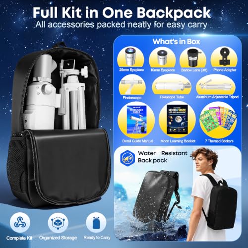 Hawkko Telescope Kit for Kids 8-12, 80mm Aperture 500mm Portable Telescope
