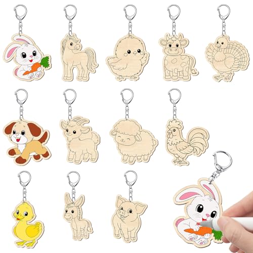 Trnayi 36 Pcs Farm Animal Unfinished Wood Keychain DIY Craft - style: Farm Animals